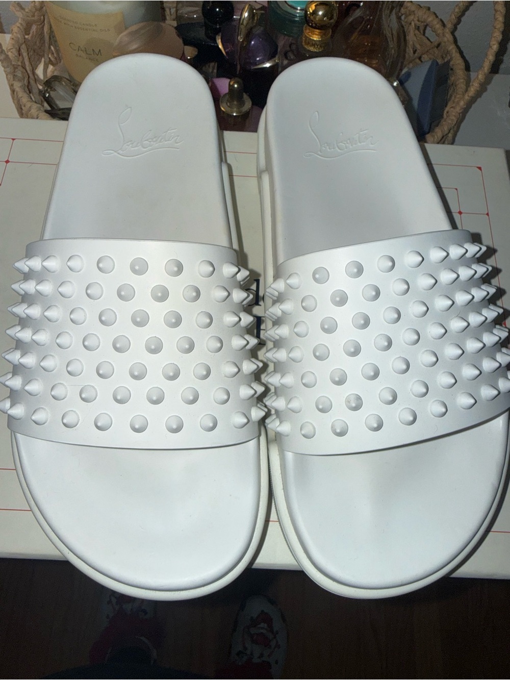 Christian Louboutin White Spike-Stud Slide Sandals - All-White Rubber Slides